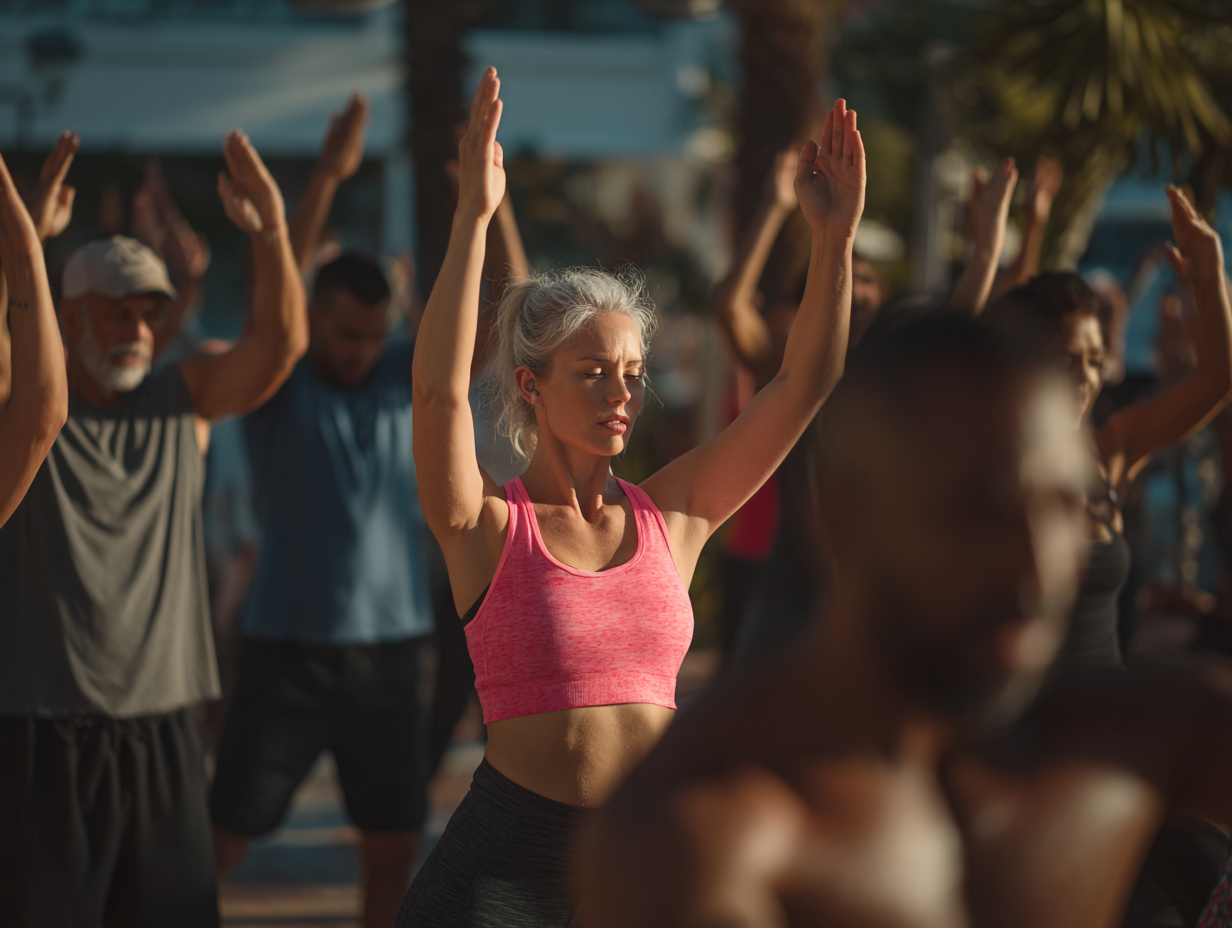 Grup divers de persoane făcând exerciții în natură